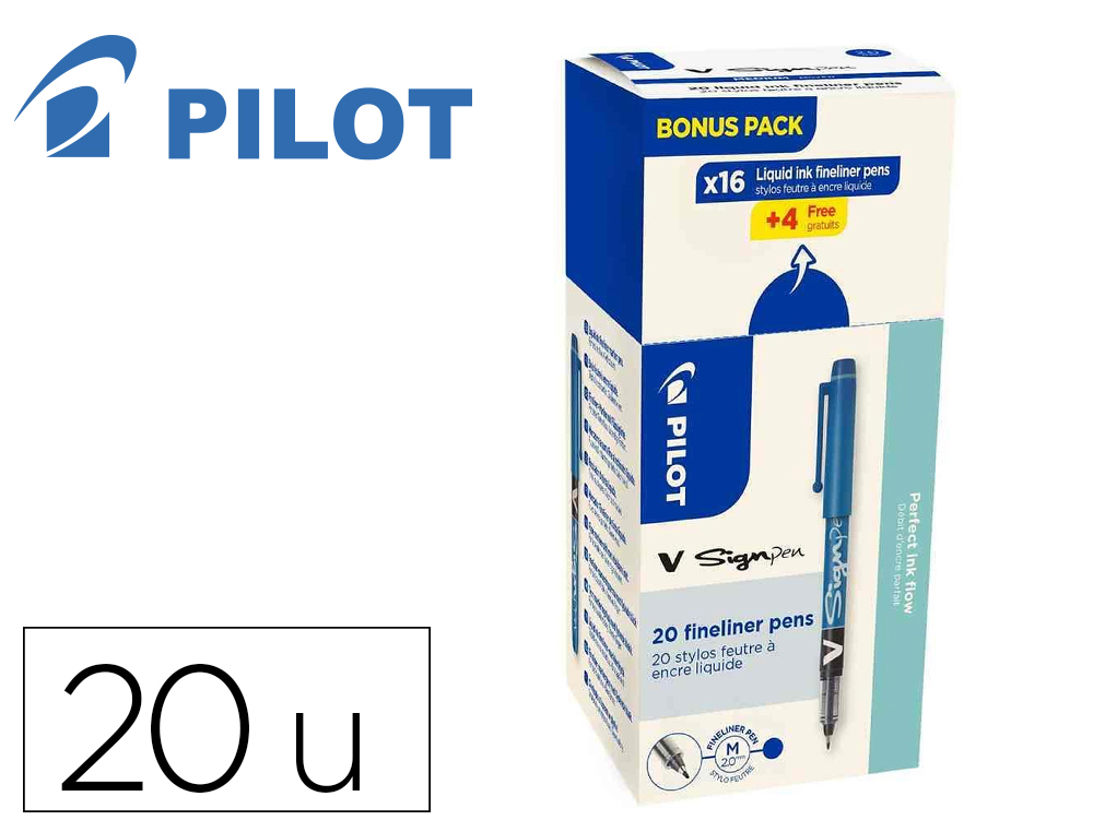 PACK FEUTRE PILOT V SIGN-PEN POINTE DE 2 MM AVEC           REGULATEUR D ENCRE 16 + 4     OFFERTS COLORIS BLEU