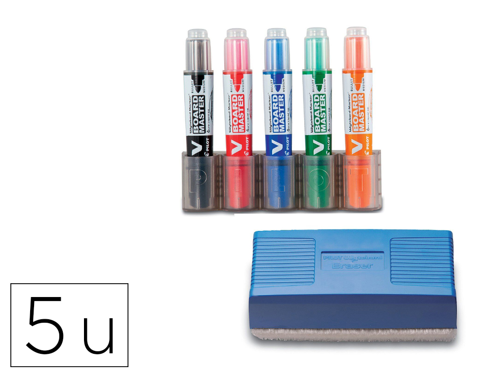 KIT 5 MARQUEURS PILOT V-BOARD MASTER RECYCLE POINTE OGIVE   LARGE 6 MM AVEC 1 SUPPORT ET  1 BROSSE