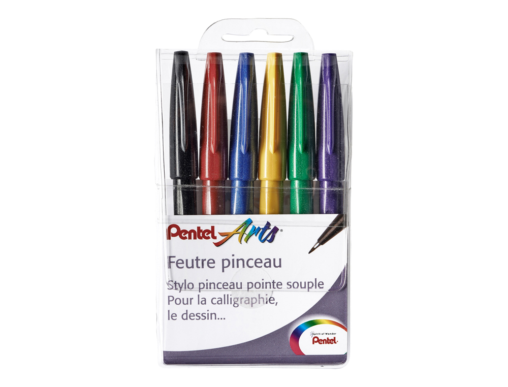 FEUTRE PINCEAU PENTEL ARTS POINTE SOUPLE 2,07MM TRAIT    0,3-0,7MM ENCRE AQUARELLABLE  COLORIS ASSORTIS POCHETTE 6