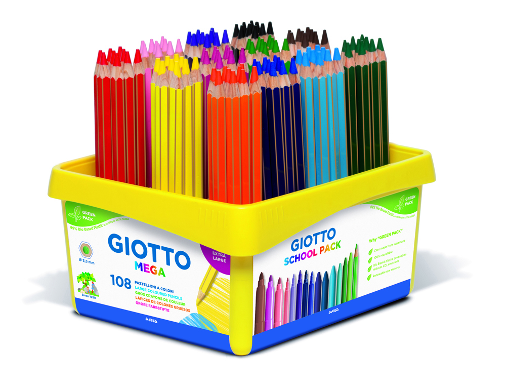CLASSPACK CRAYONS DE COULEUR MEGA GIOTTO FORME HEXAGONALE  BOIS 18CM MINE 5MM 108 UNITES COLORIS ASSORTIS