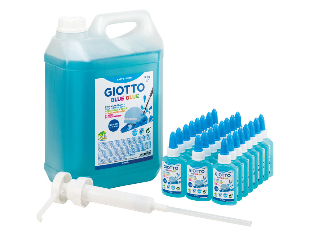 CLASSPACK COLLE BLEUE GIOTTO SANS SOLVANT LAVABLE USAGE    PAPIER ET CARTON 24 FLACONS   37ML 1 BIDON 5KG ET 1 POMPE