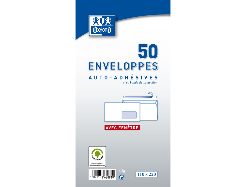 ENVELOPPES OXFORD RECYCLE A FENETRE AUTO ADHESIVES AVEC   BANDE DE PROTECTION 110X220MM 50 UNITES