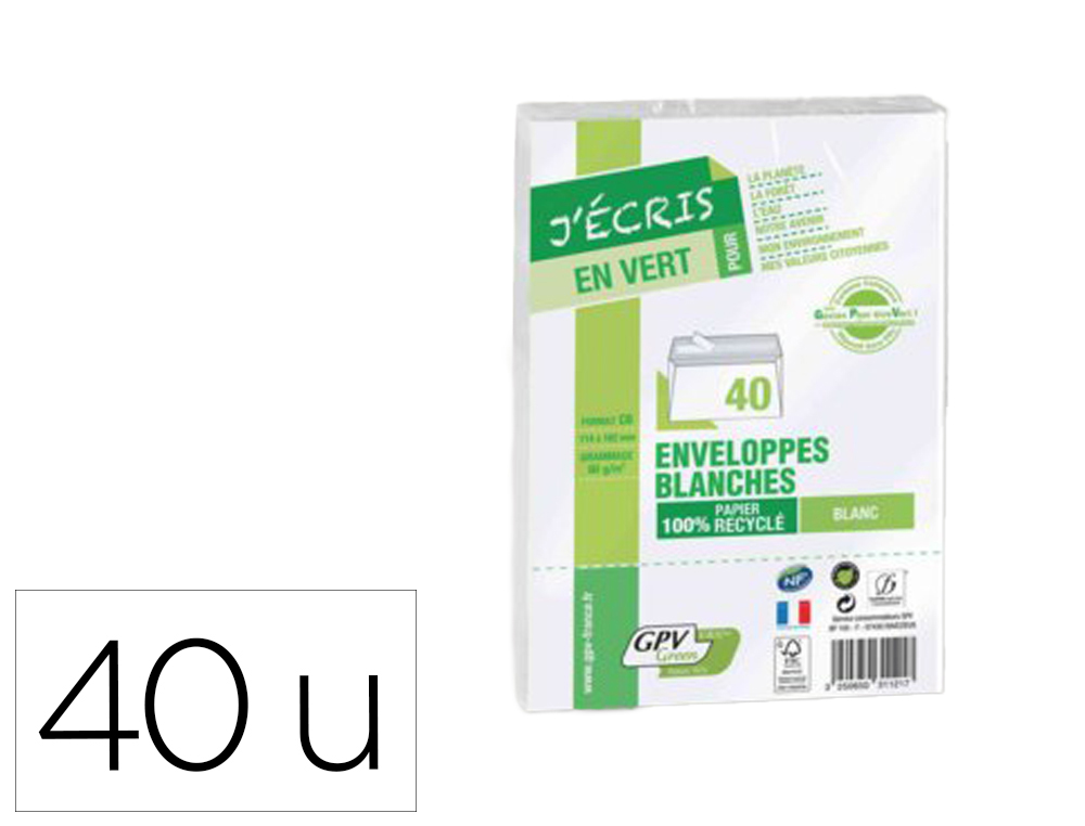ENVELOPPE GPV ERAPURE C6 114X162MM 80GR PATTE AUTO-ADHESIVE 100% RECYCLEE SANS FENETRE BLANC PAQUET 40 UNITES