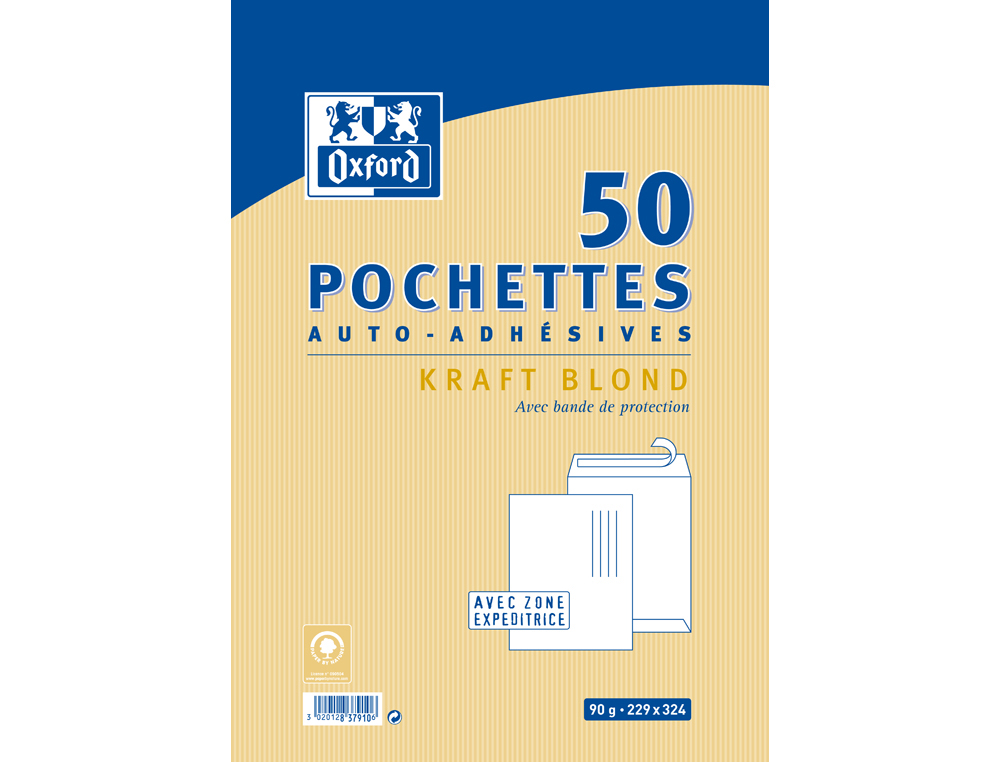 POCHETTES OXFORD KRAFT AUTO ADHESIVES AVEC BANDE DE       PROTECTION 229X324MM 50       UNITES