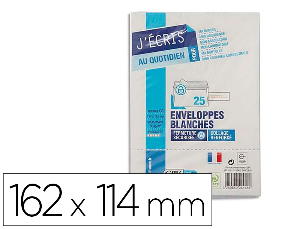 ENVELOPPE GPV VLIN BLANC 90G C6 114X162MM ADHSIVE FOND GRIS PAQUET 25 UNITS