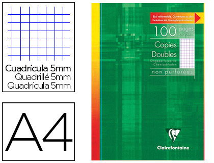 COPIE DOUBLE CLAIREFONTAINE A4 210X297MM PAPIER VLIN VELOUT 100P 90G 5X5MM NON PERFORES TUI VERNI