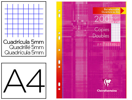 COPIE DOUBLE CLAIREFONTAINE A4 210X297MM PAPIER VLIN VELOUT 200P 90G 5X5MM PERFORES TUI VERNI
