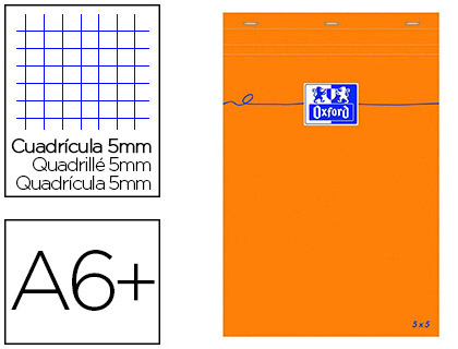 BLOC BUREAU OXFORD A6+ PAPIER VLIN SURFIN AGRAF EN TTE COUVERTURE ENVELOPPANTE 110X170MM 80F 80G 5X5MM ORANGE