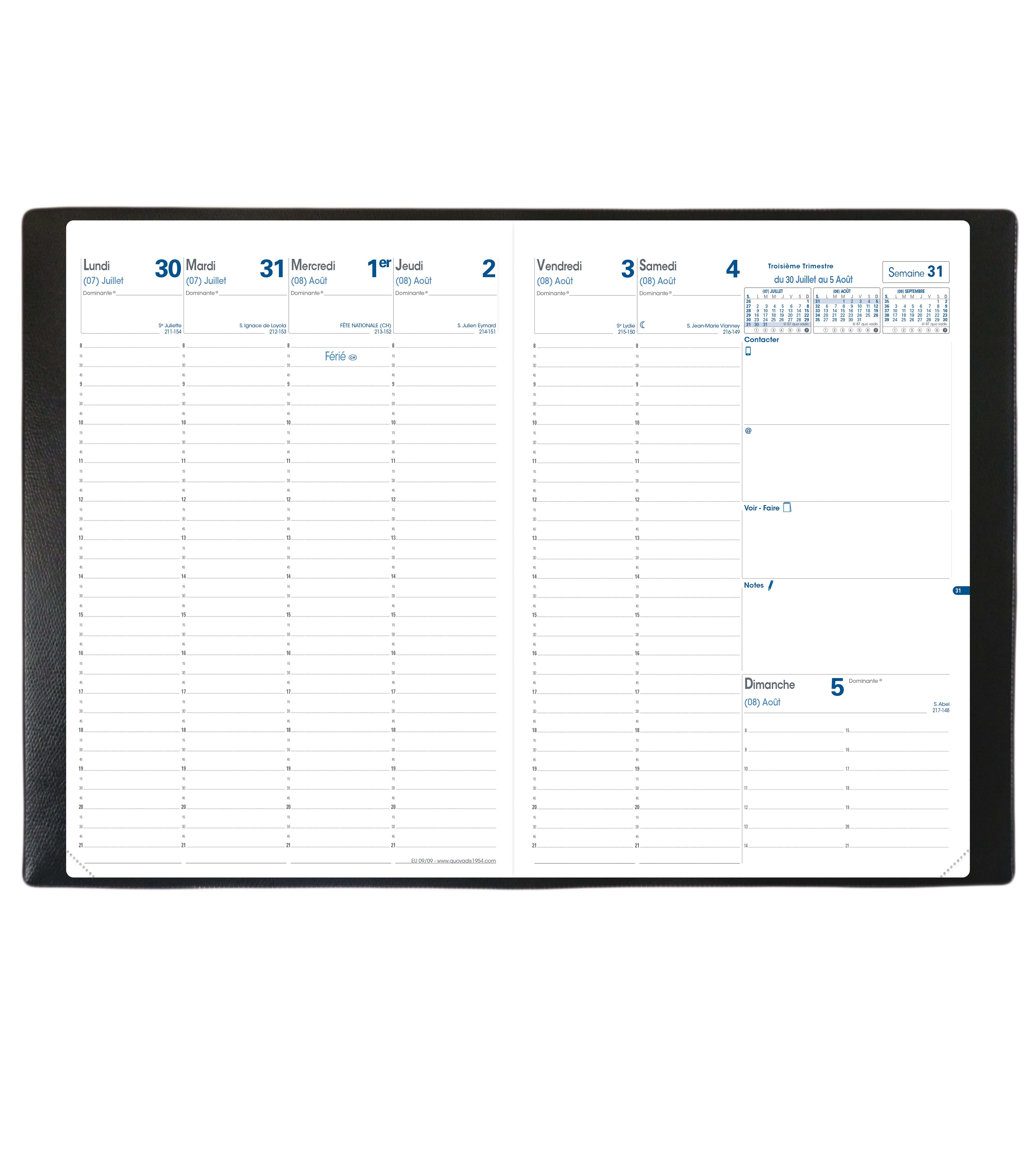 AGENDA QUO VADIS IMPALA EU MILLSIME SEMAINIER 13 MOIS 09/09 A4 210X297MM COLORIS NOIR