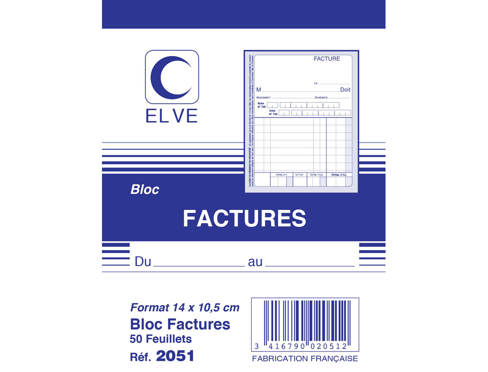 BLOC FACTURES ELVE 140X105MM 50 FEUILLETS 90G ENCOLLAGE EN TTE