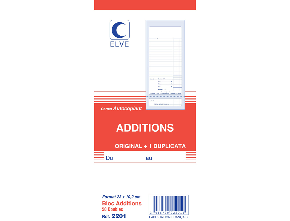 BLOC ADDITION ELVE PAPIER AUTOCOPIANT 102X235MM 50 DUPLIS SANS NUMRO