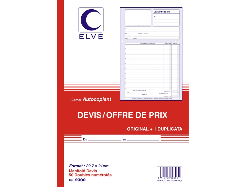 MANIFOLD ELVE AUTOCOPIANT A4 210X297MM FOLIOTAGE 50 DUPLIS DEVIS OFFRE PRIX