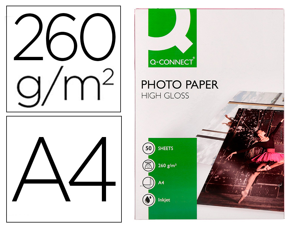 PAPIER PHOTO Q-CONNECT JET D'ENCRE GLAC ULTRA BRILLANT A4  260G COMPATIBLE TOUTE IMPRIMA NTE PAQUET 50 FEUILLES
