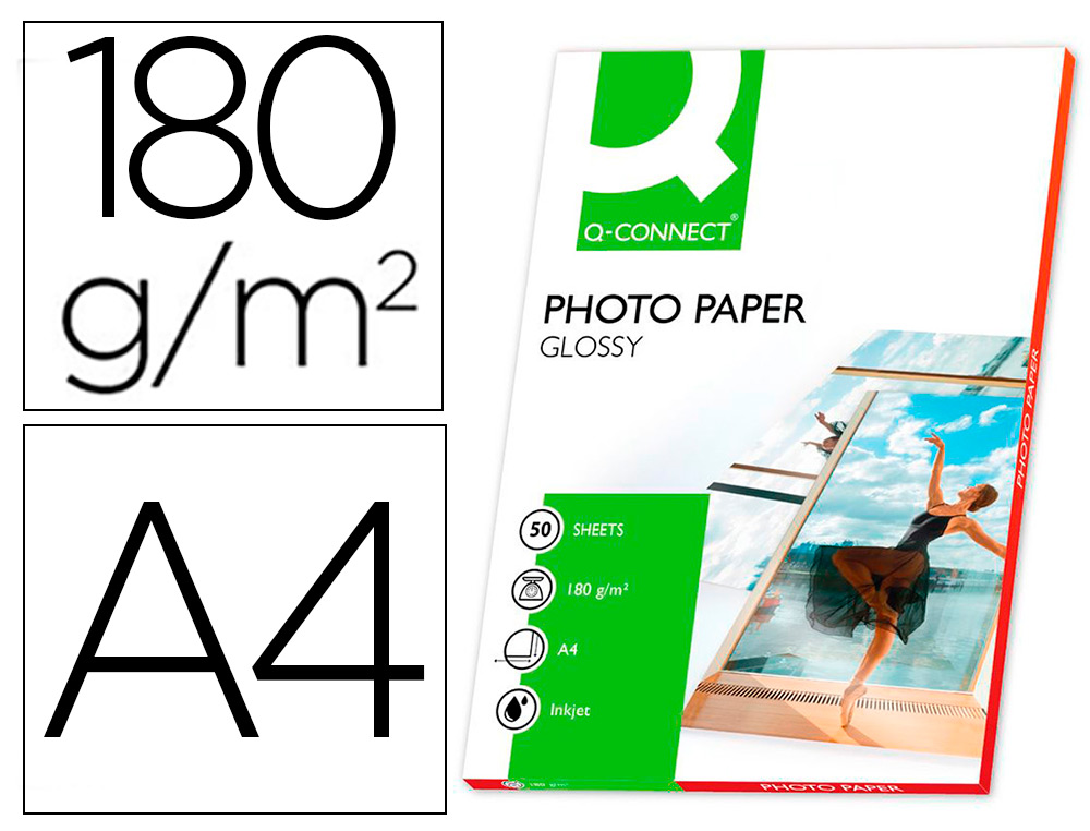 PAPIER PHOTO Q-CONNECT JET D'ENCRE GLAC BRILLANT A4 1      80G/M2 COMPATIBLE TOUTE IMPRIMANTE PAQUET 50 FEUILLES