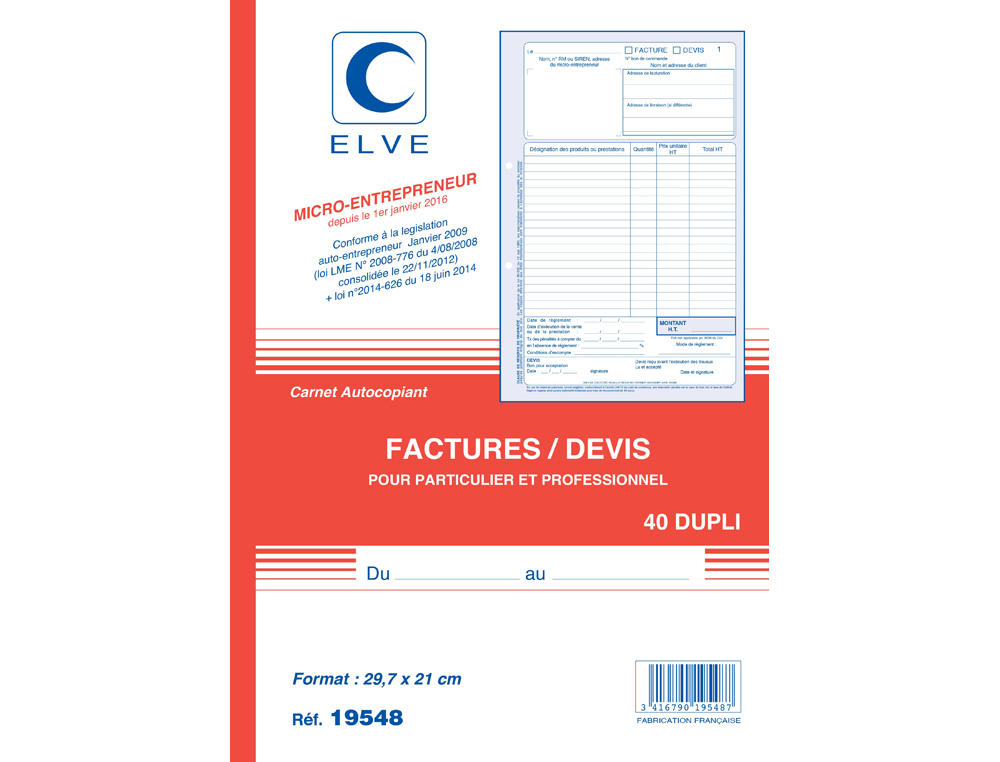 MANIFOLD AUTOCOPIANT ELVE FACTURES AUTO-ENTREPRENEUR A4 210X297MM FOLIOTAGE 50 DUPLIS