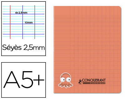 CAHIER D'ECRITURE CONQUERANT CLASSIQUE COUVERTURE PP RIGIDE 17X22CM 32 PAGES 90G SEYES 2,5MM COLORIS ROUGE PASTEL
