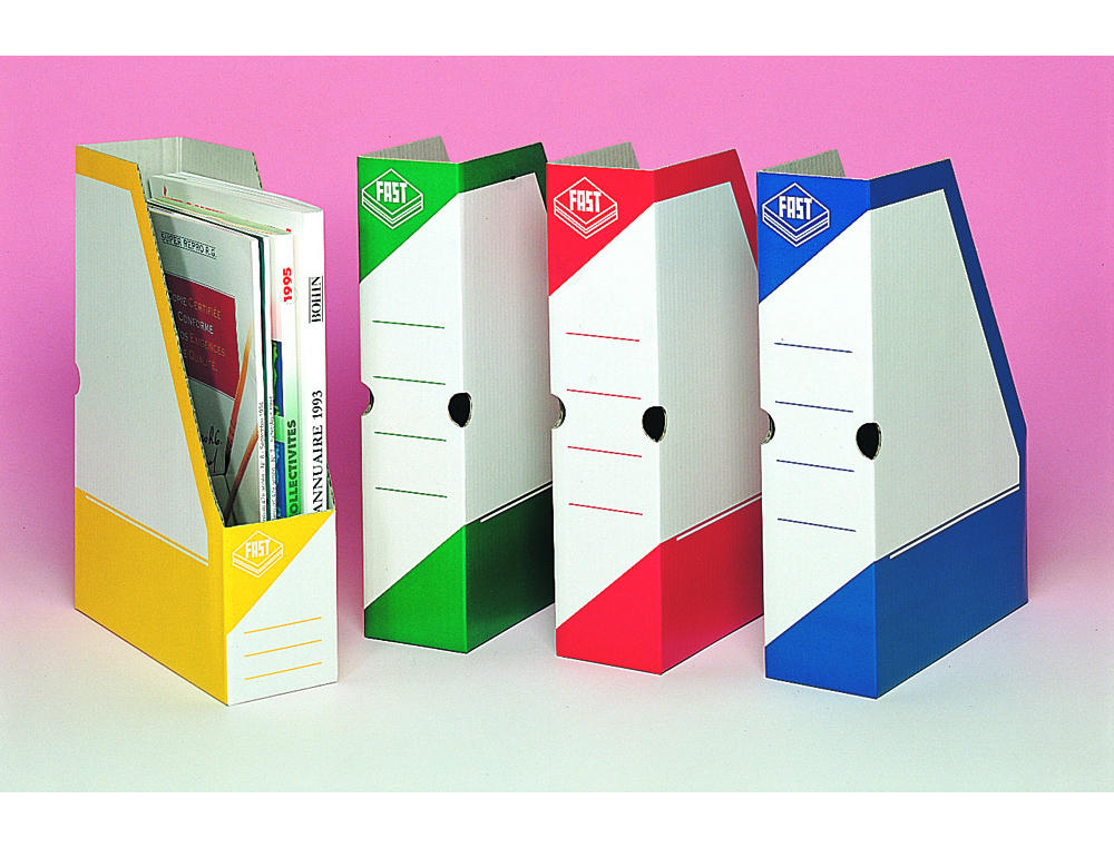 PORTE-REVUES FAST CARTON BLANC PAN COUP 335X250X80MM IMPRESSION COULEUR VERNIE 2 TROUS DE PRHENSION LIVR  PLAT BLEU
