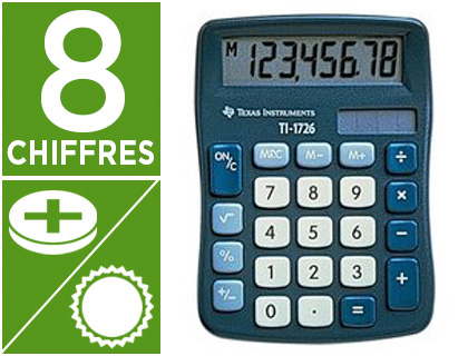 CALCULATRICE TEXAS INSTRUMENTS BUREAU TI-1726 MMOIRE RACINE CARRE POURCENTAGE MMOIRE SOLAIRE/PILE 114X83X20MM 61G