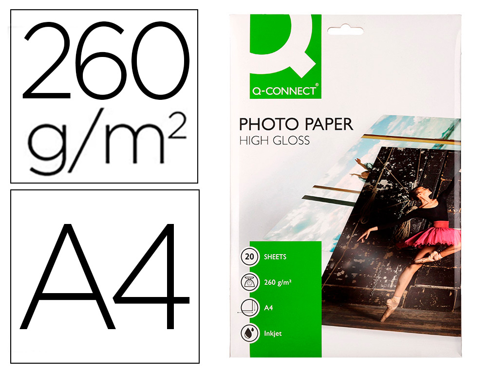 PAPIER PHOTO Q-CONNECT JET D'ENCRE GLAC ULTRA-BRILLANT A4 260G /M2 COMPATIBLE TOUTE IMPRIMANTE PAQUET 20 FEUILLES