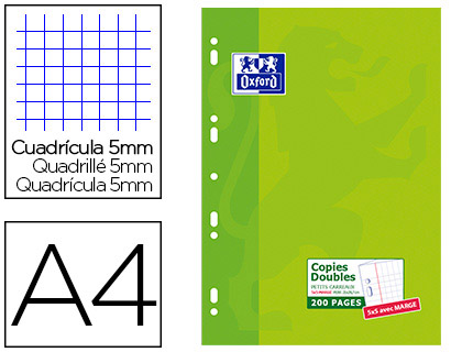 COPIE DOUBLE OXFORD A4 210X297MM 200P 5X5MM MARGE PERFORES