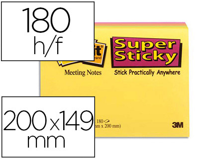 BLOC-NOTES POST-IT SUPER STICKY GRAND FORMAT 203X152MM MEETING NOTES 45F COLORIS NON VERT/JAUNE/ORANGE/FUCHSIA 4 BLOCS
