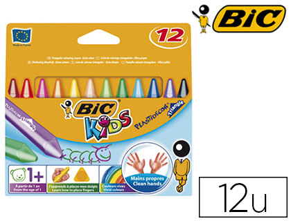CRAYON CIRE BIC KIDS PLASTIDCOR TRIANGLE GROS 90MM DIAMTRE 12MM RSISTANT NON SALISSANT TUI CARTON 12 UNITS