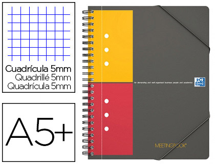 CAHIER-CHEMISE OXFORD MEETING BOOK OPTIK PAPER COUVERTURE PP A5+ 17,8X22,5CM 160 PAGES 5X5MM FERMETURE LASTIQUE
