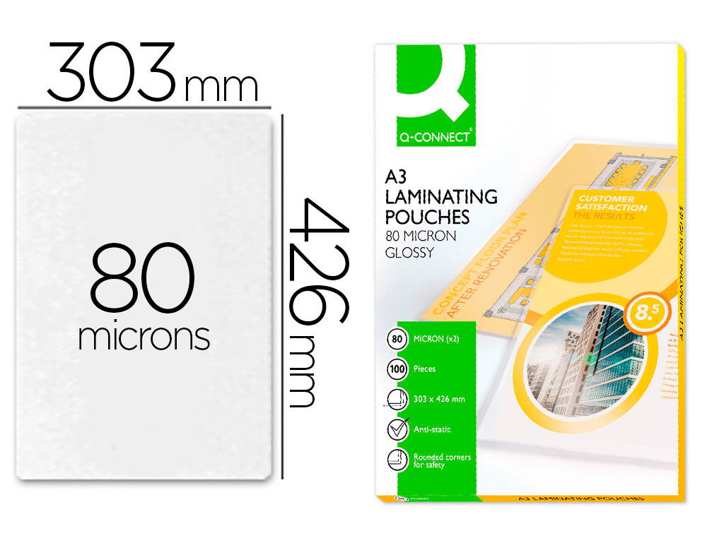 POCHETTE PLASTIFICATION Q-CONNECT  CHAUD CONOMIQUE FORMAT A3 80 MICRONS BOTE 100 UNITS