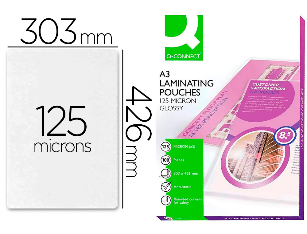 POCHETTE PLASTIFICATION Q-CONNECT  CHAUD CONOMIQUE FORMAT A3 125 MICRONS BOTE 100 UNITS