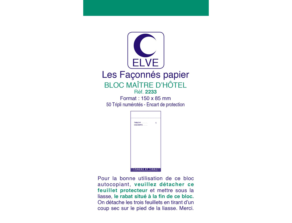 BLOC MATRE D'HTEL ELVE PAPIER AUTOCOPIANT NUMROT 1/50 85X150MM 50 TRIPLIS BLEU ROUGE VERT