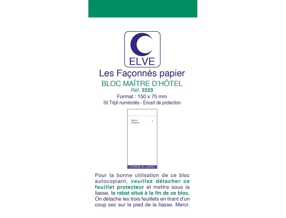 BLOC MATRE D'HTEL ELVE PAPIER AUTOCOPIANT NUMROT 1/50 75X150MM 50 TRIPLIS BLEU ROUGE VERT