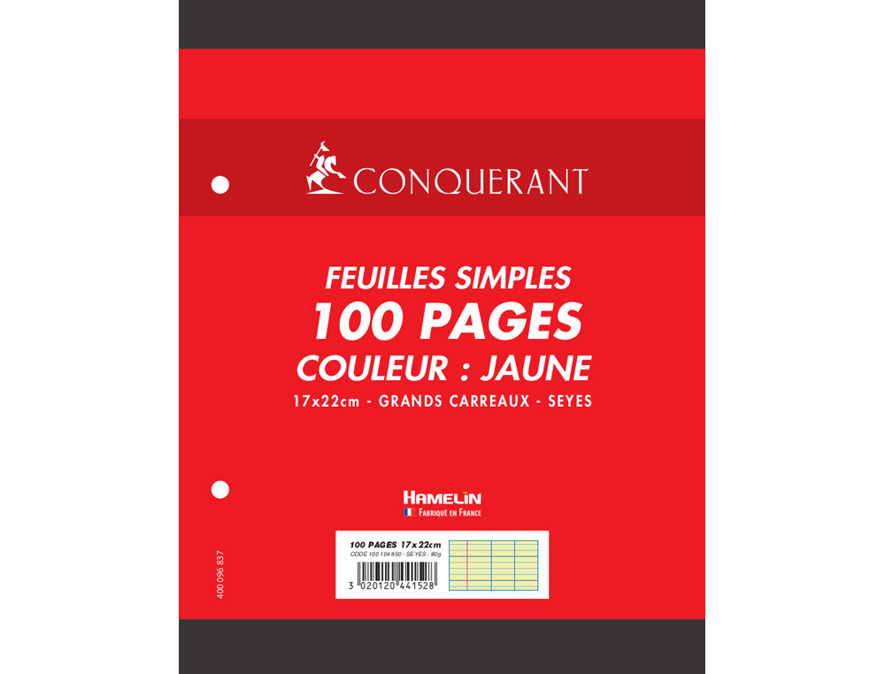 FEUILLET MOBILE CONQURANT A5+ 170X220MM 100 PAGES 80G SYS PERFOR COLORIS JAUNE