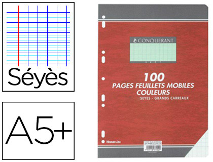 FEUILLET MOBILE CONQURANT A5+ 170X220MM 100 PAGES 80G SYS PERFOR COLORIS VERT