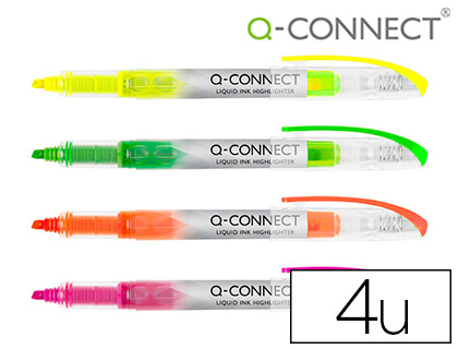 SURLIGNEUR Q-CONNECT SLIM LIQUID INK NON RECHARGEABLE POINTE BISEAUTE COULEURS ASSORTIES POCHETTE 4U