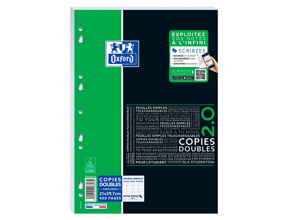COPIES DOUBLES PERFORES 210X297 TUDIANT 400P 90G     SEYES - APPLICATION SCRIBZEE  PRSENTOIR DE 20U