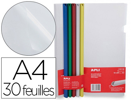 KIT RELIURE APLI AGIPA POLYPROPYLNE 30F BORD INCURV 10X297MM SACHET 5 BAGUETTES COULEUR+5 COUVERTURES TRANSPARENTES