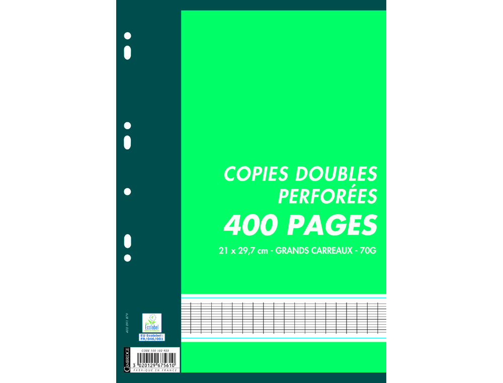COPIES DOUBLES CAMBRIDGE PERFOREES A4 400 PAGES 70 G   SEYES