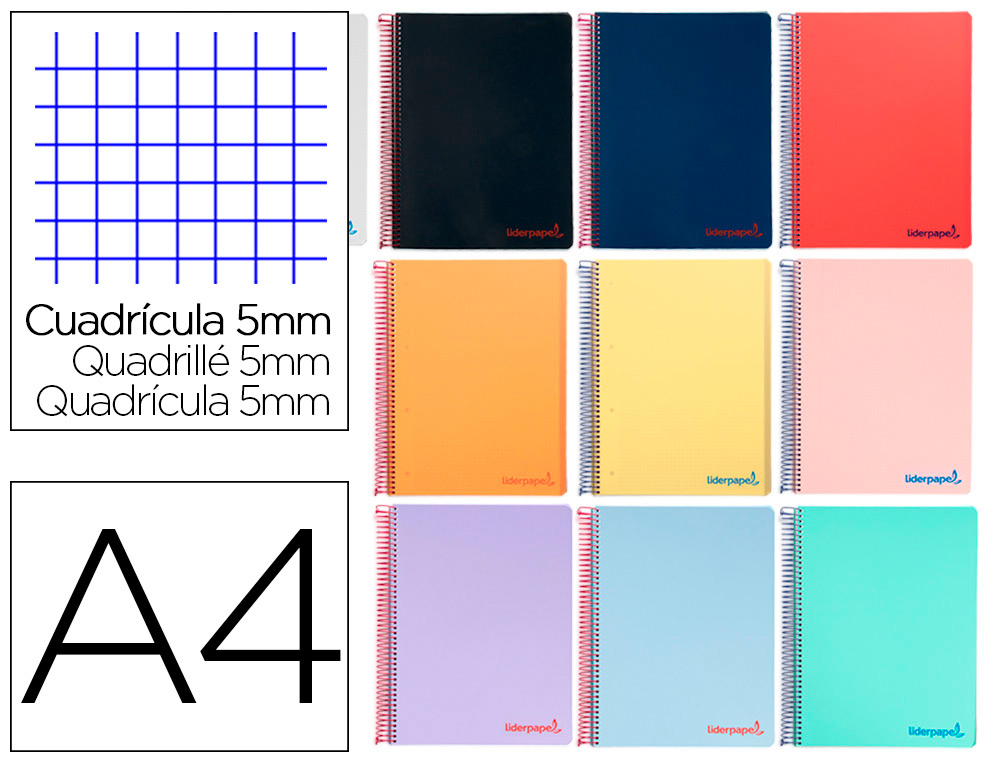 CAHIER SPIRALE LIDERPAPEL A4 MICRO WONDER 240 PAGES 90G    5X5MM 4 TROUS 5 BANDES        COLORIS ASSORTIS