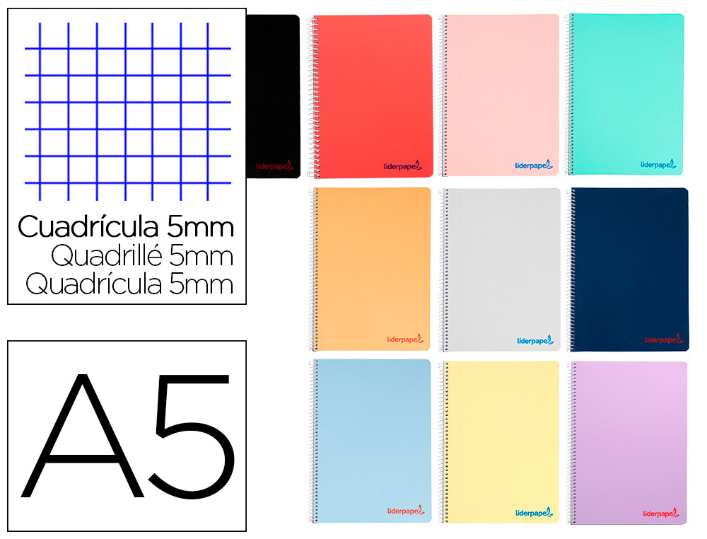 CAHIER SPIRALE LIDERPAPEL A5 MICRO WONDER 240 PAGES 90G    5X5MM 4 TROUS 5 BANDES        COLORIS ASSORTIS