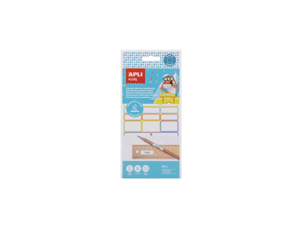ETIQUETTE APLI ADHESIVES PLASTIFIEES 3 TAILLES         DIFFERENTES COLORIS ASSORTIS  POCHETTE 35 UNITES