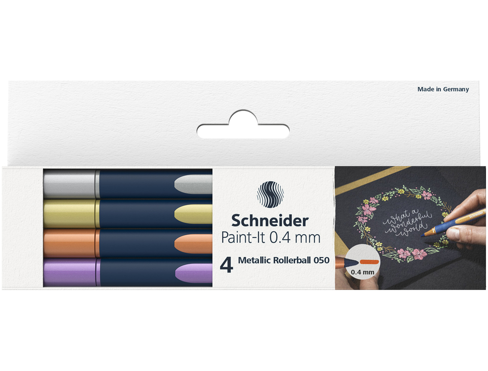POCHETTE SCHNEIDER ROLLER METALLIQUE PAINT IT 050 TRAIT 0,4 MM POINTE ULTRA SMOOTH 4  COLORIS ASSORTI