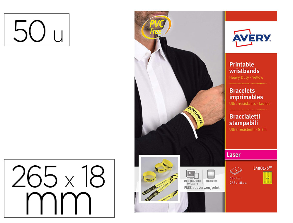 BRACELET IDENTIFICATION AVERY IMPRIMABLE LASER POLYETHYLENE 120 MICRONS 160GR 265X18MM COLORIS JAUNE FLUORESCENT 50 UNI