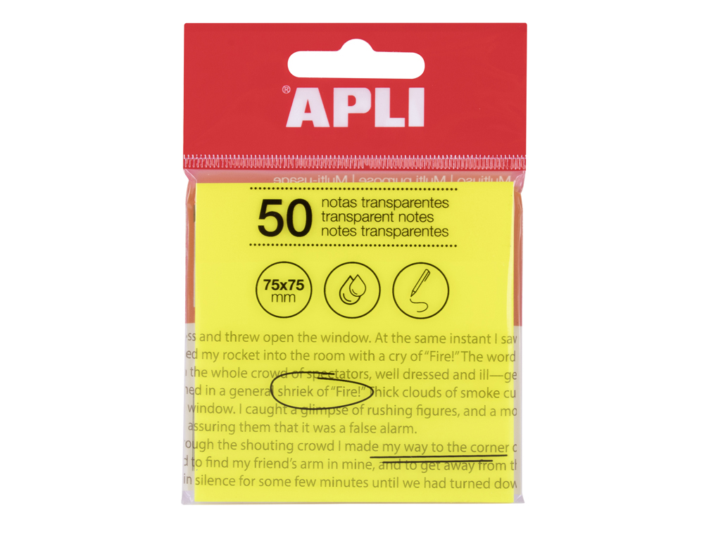 BLOC APLI NOTES TRANSPARENTES 50F 75X75MM COLORIS JAUNE     FLUO