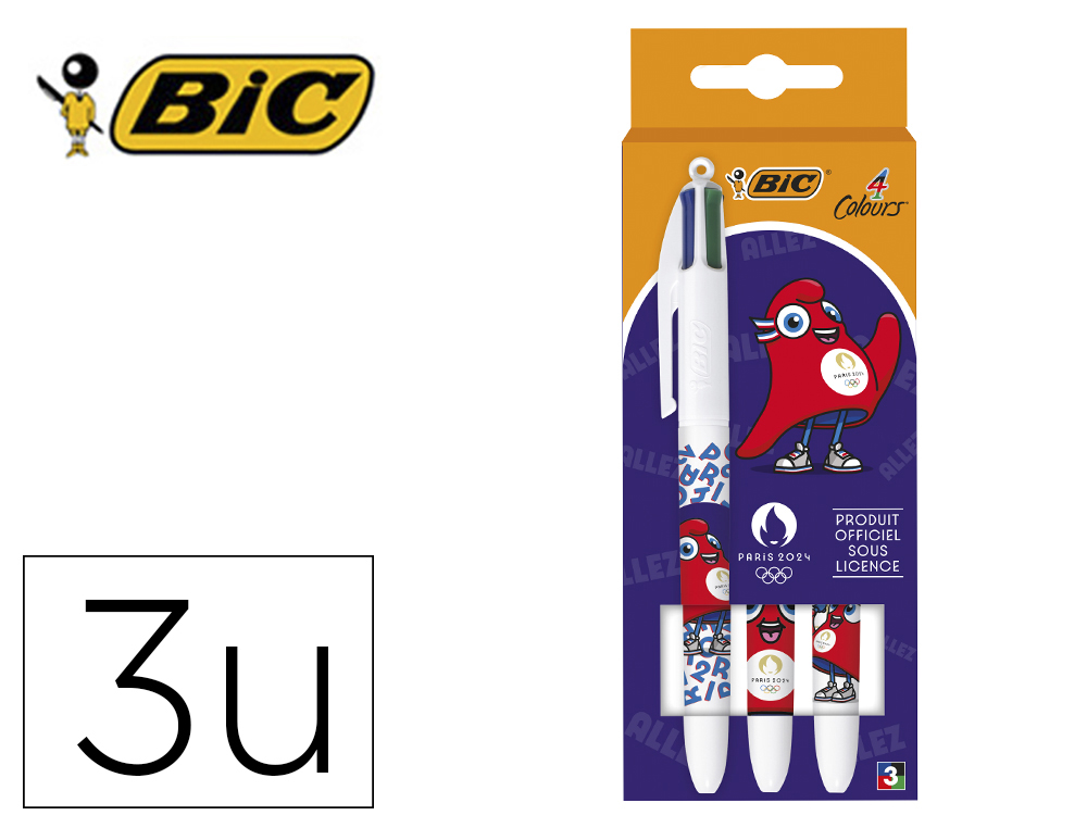STYLO-BILLE BIC 4 COULEURS PARIS 2024 POINTE MOYENNE 1MM RETRACTABLE CORPS PLASTIQUE MODELES ASSORTIS COFFRET 3 UNITES