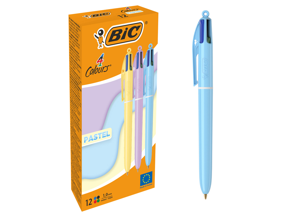 STYLO-BILLE BIC 4 COULEURS POINTE MOYENNE 1MM RETRACTABLE CORPS PLASTIQUE COLORIS PASTEL ASSORTIS BOITE 12 UNITES