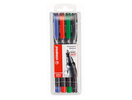 STYLO-FEUTRE STABILO OHP PEN PERMANENT POINTE MOYENNE 1MM ENCRE INDLBILE MULTI-SUPPORTS AGRAFE POCHETTE ASSORTIE 4U