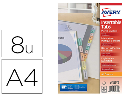 INTERCALAIRE AVERY POLYPROPYLNE 8 TOUCHES A4 ONGLETS BRISTOL PERSONNALISABLES ET IMPRIMABLES