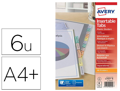 INTERCALAIRE AVERY POLYPROPYLNE 6 TOUCHES A4 ONGLETS BRISTOL PERSONNALISABLES ET IMPRIMABLES