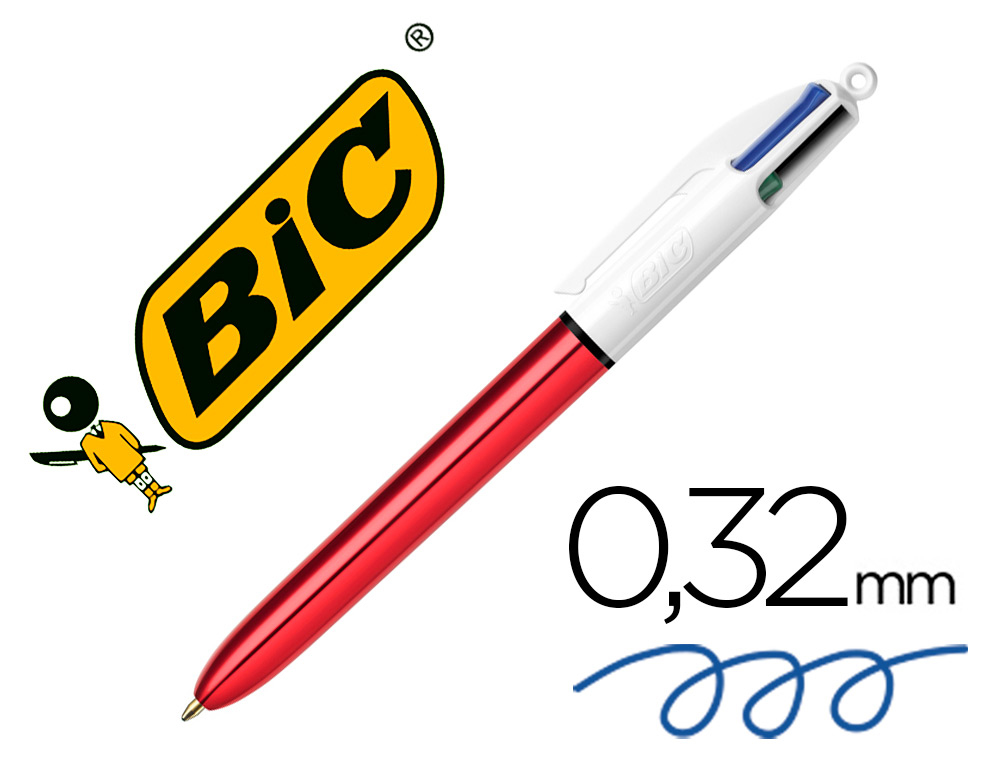 STYLO-BILLE BIC 4 COULEURS SHINE POINTE 1MM CRITURE MOYENNE CORPS ROUGE MTALLIS BRILLANT