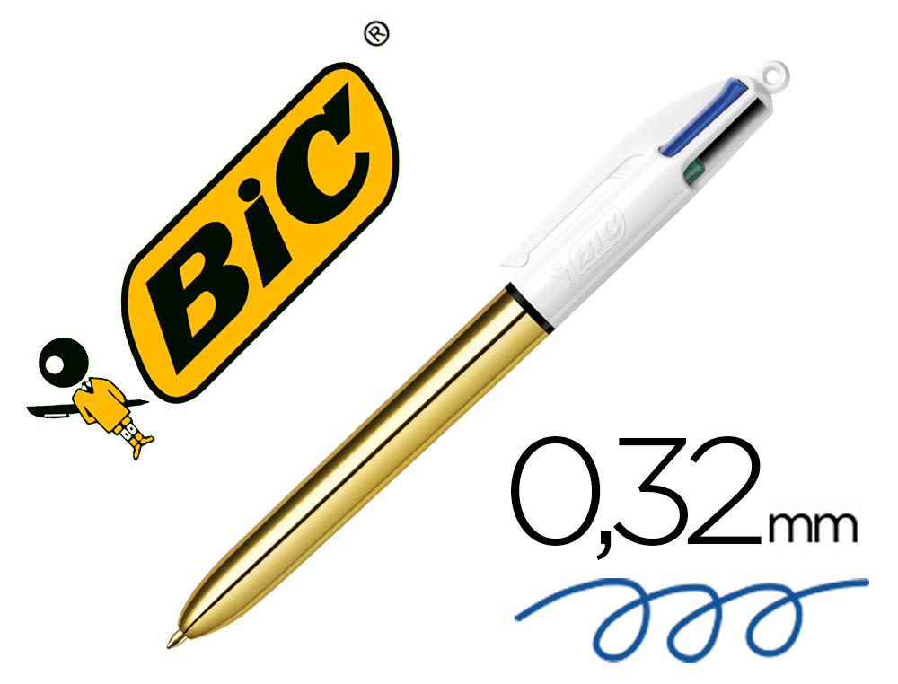 STYLO-BILLE BIC 4 COULEURS SHINE POINTE 1MM CRITURE MOYENNE CORPS DOR MTALLIS BRILLANT